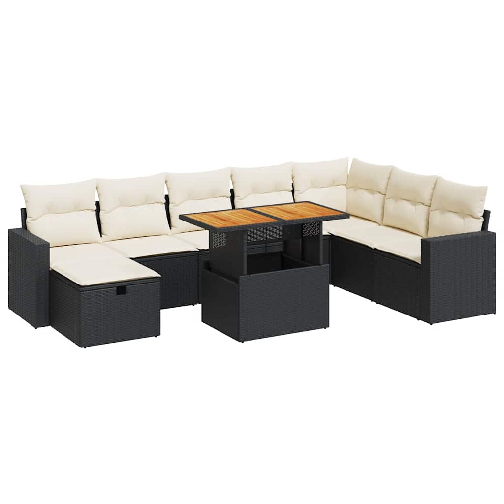 Set Divani da Giardino 9 pz con Cuscini Nero Polyrattan Acacia 3328015
