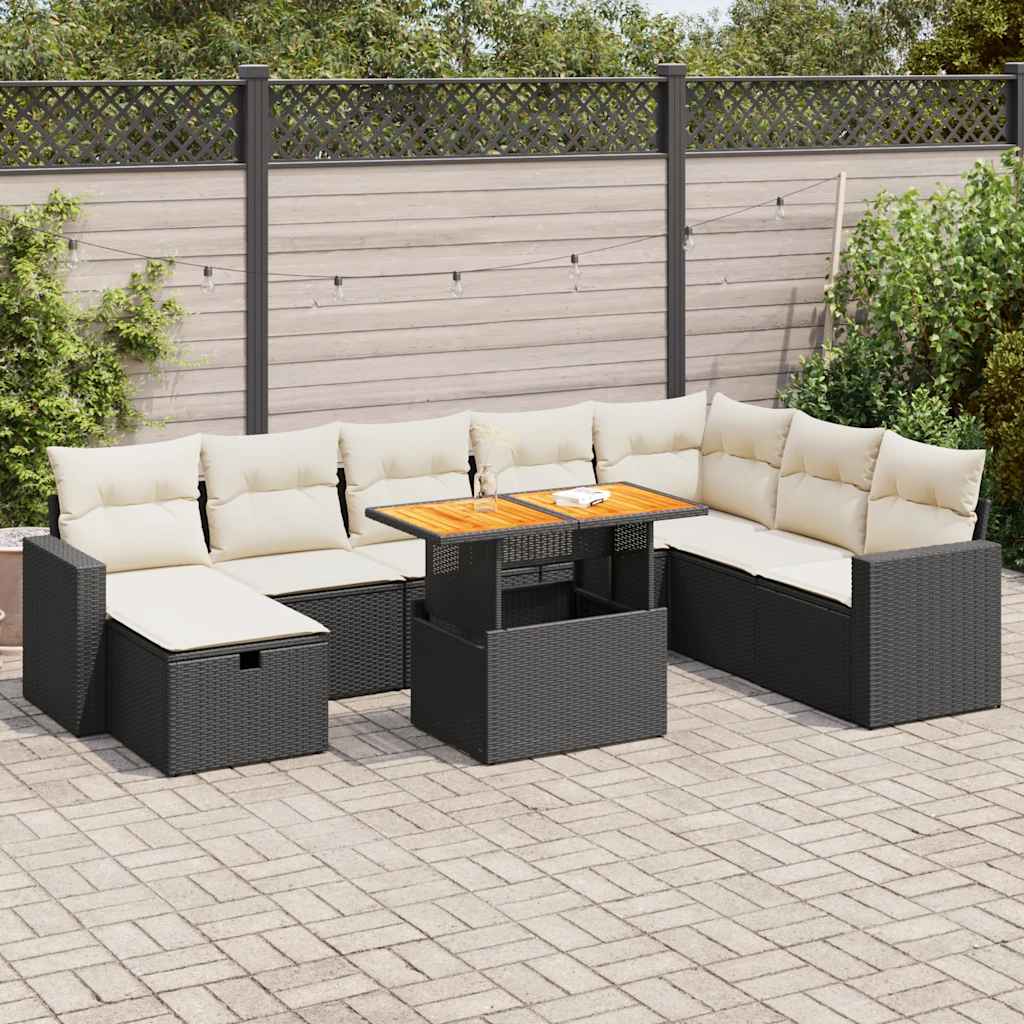 vidaXL Set Divani da Giardino 9 pz con Cuscini Nero Polyrattan Acacia