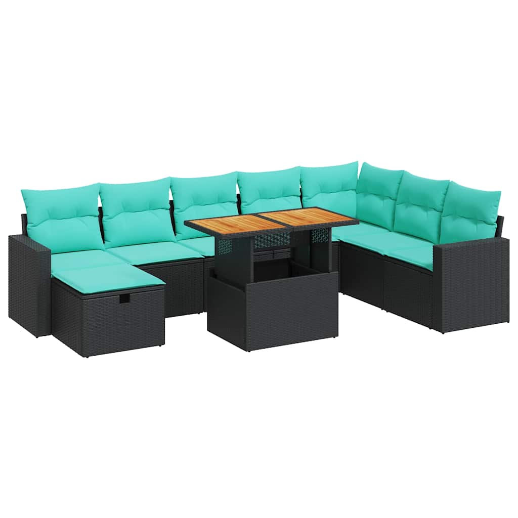 Set Divani da Giardino 9 pz con Cuscini Nero Polyrattan Acacia 3328016