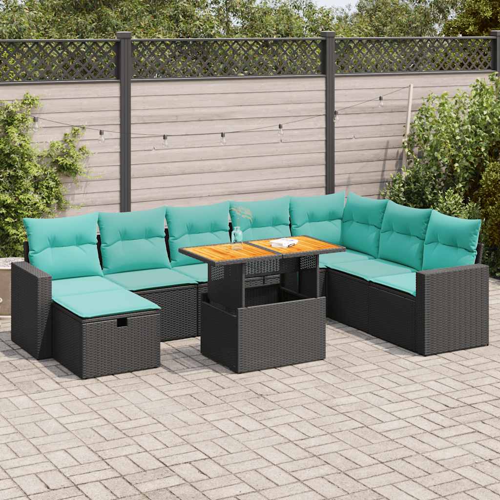 Set Divani da Giardino 9 pz con Cuscini Nero Polyrattan Acacia 3328016