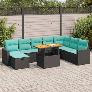 Set Divani da Giardino 9 pz con Cuscini Nero Polyrattan Acacia 3328016