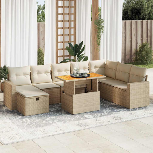 Set Divano da Giardino 9 pz con Cuscini Beige Polyrattan Acacia 3328017
