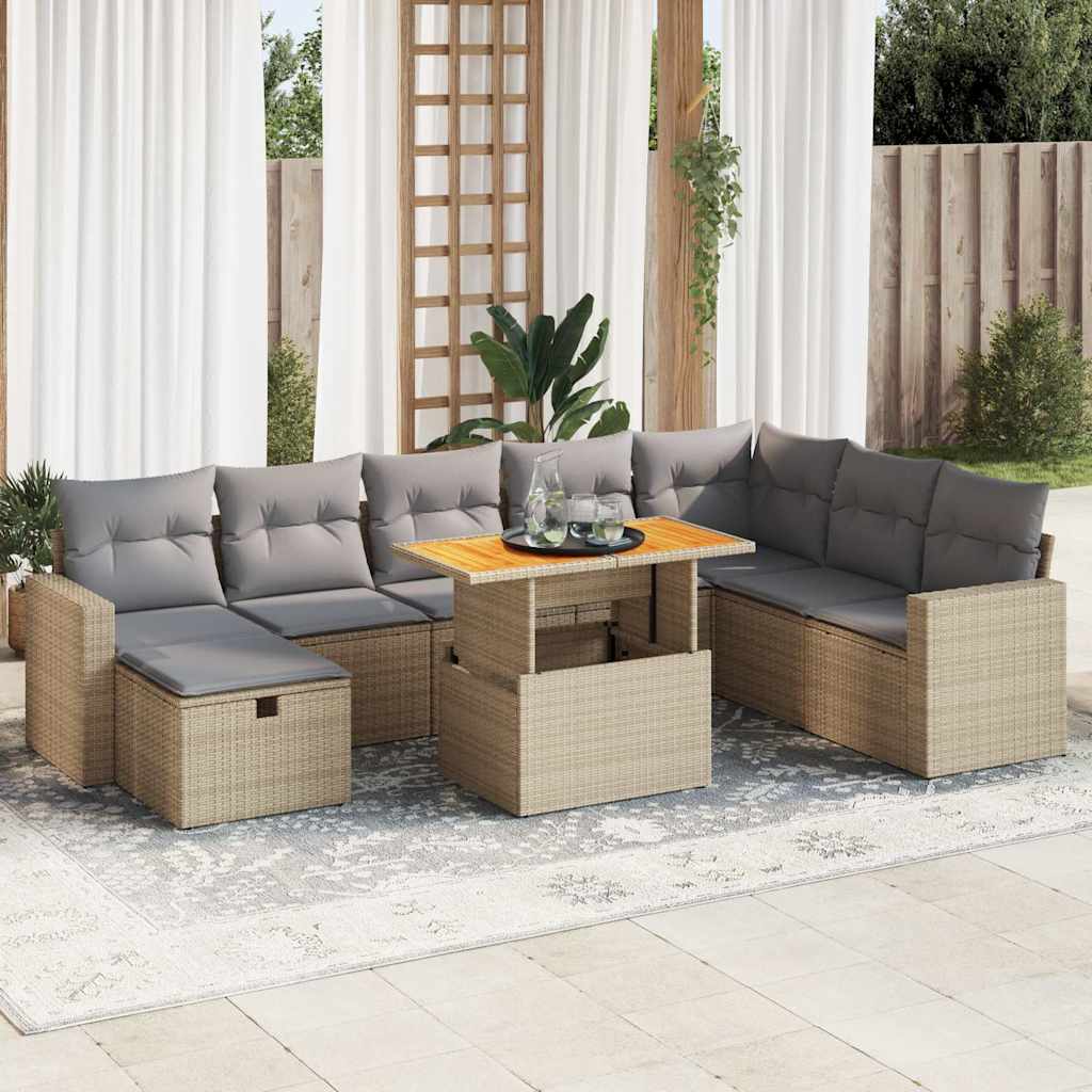 Set Divano da Giardino 9 pz con Cuscini Beige Polyrattan Acacia