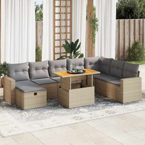 Set Divano da Giardino 9 pz con Cuscini Beige Polyrattan Acacia