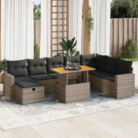Set Divano da Giardino 9pz con Cuscini Grigio Polyrattan Acacia