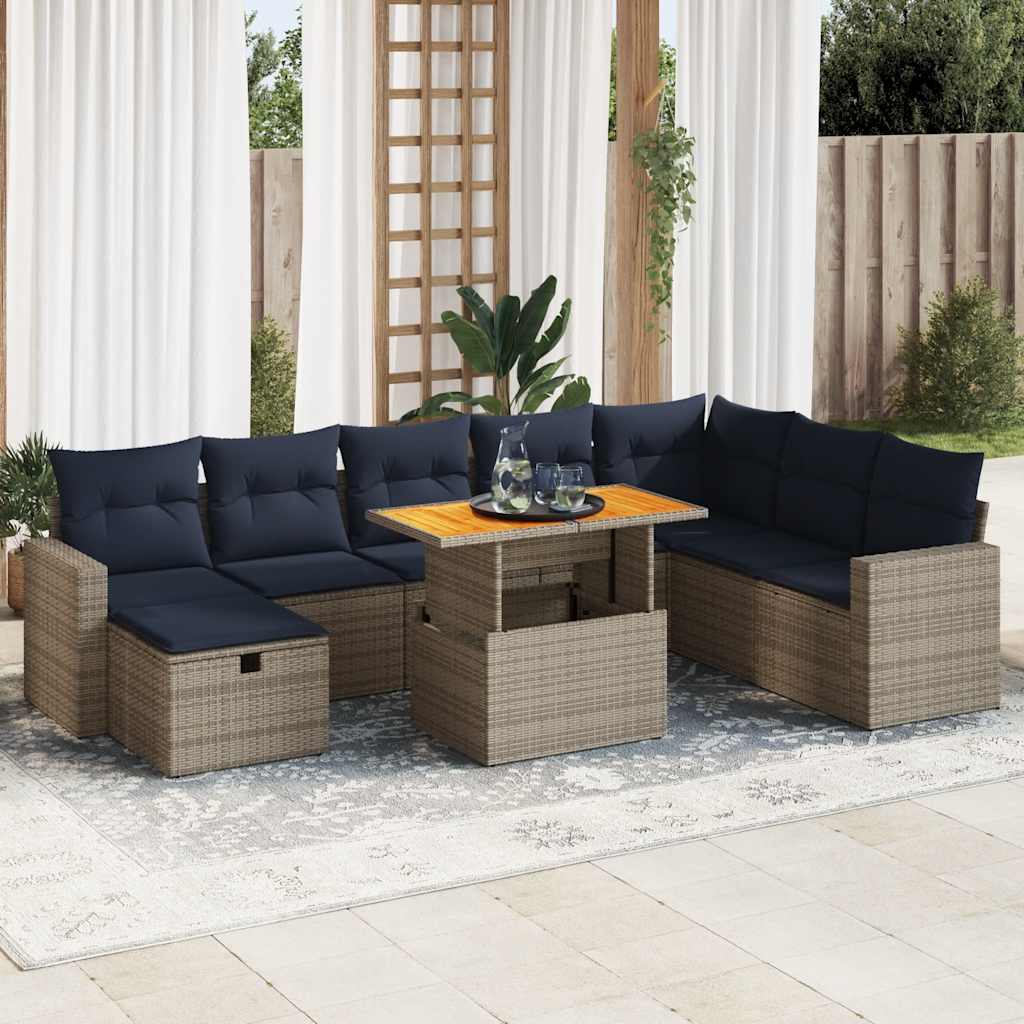 vidaXL Set Divano da Giardino 9pz con Cuscini Grigio Polyrattan Acacia