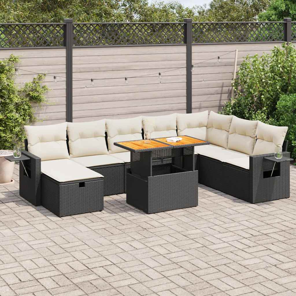 vidaXL Set Divani da Giardino 9 pz con Cuscini Nero Polyrattan Acacia