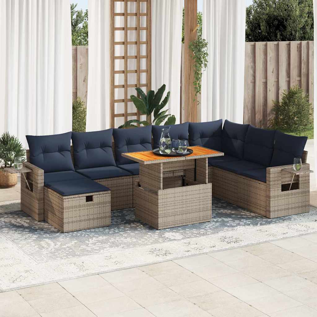vidaXL Set Divano da Giardino 9pz con Cuscini Grigio Polyrattan Acacia