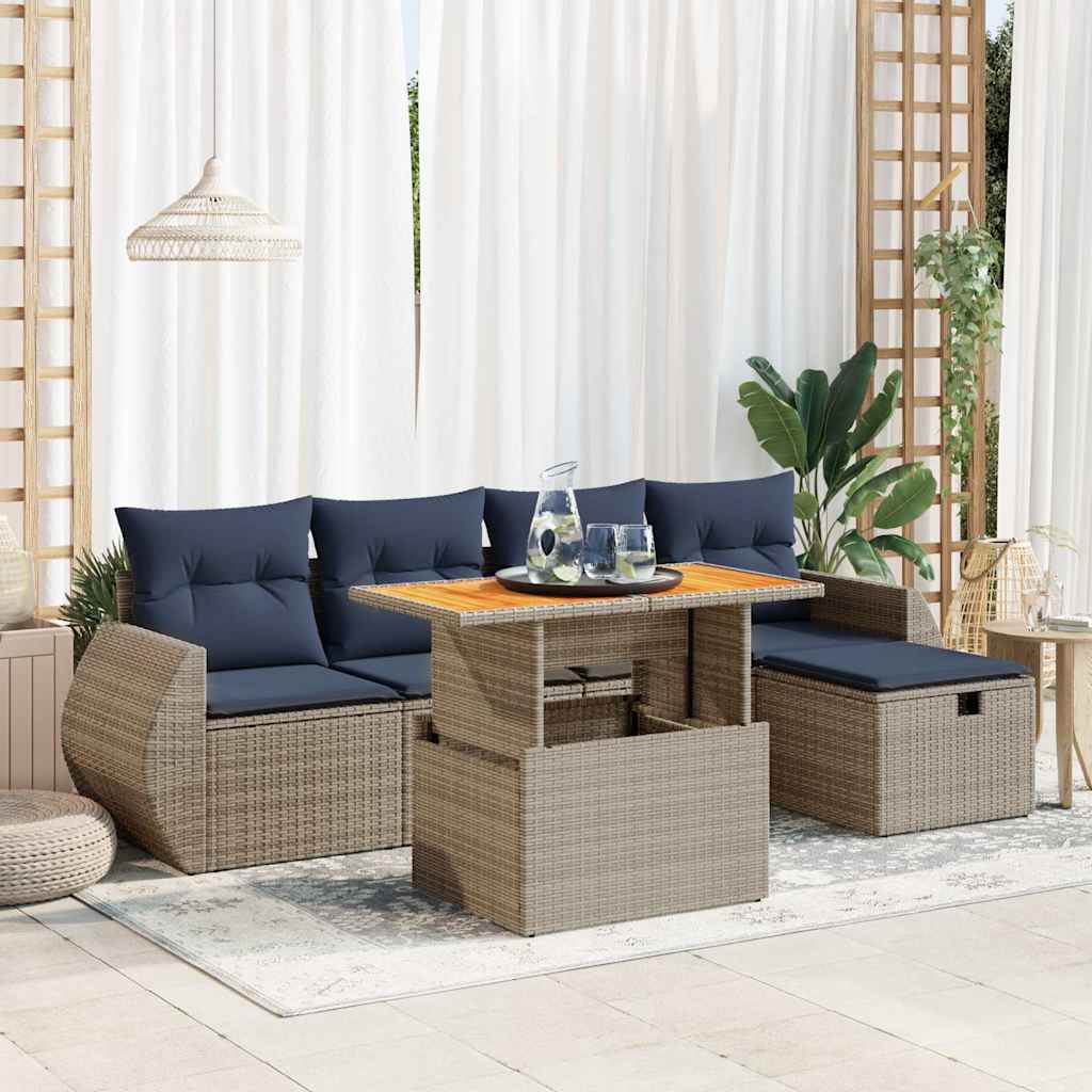 vidaXL Set Divano da Giardino 6 pz con Cuscini Nero Polyrattan Acacia