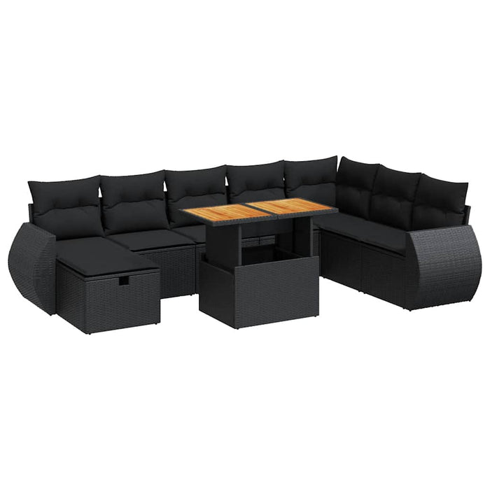 Set Divani da Giardino 9 pz con Cuscini Nero Polyrattan Acacia 3328070