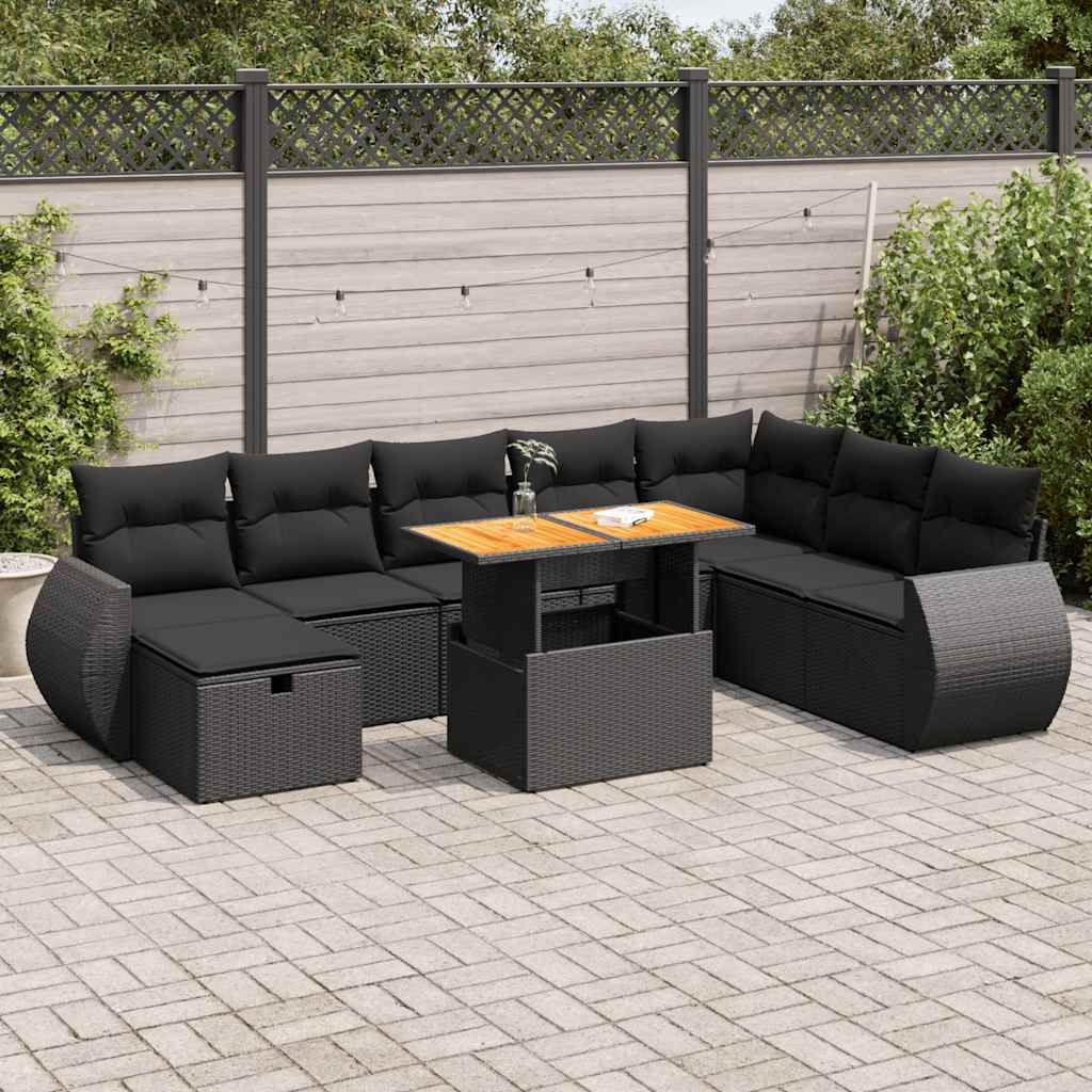 Set Divani da Giardino 9 pz con Cuscini Nero Polyrattan Acacia