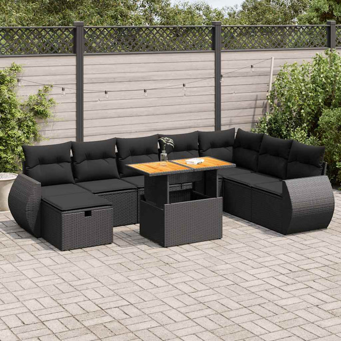 Set Divani da Giardino 9 pz con Cuscini Nero Polyrattan Acacia 3328070