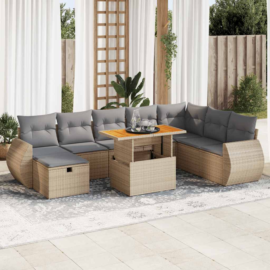 vidaXL Set Divano da Giardino 9 pz con Cuscini Beige Polyrattan Acacia