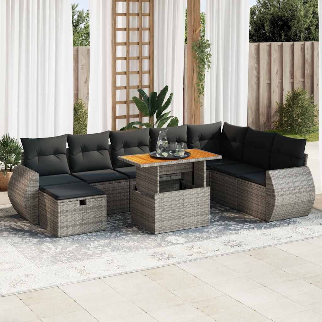 vidaXL Set Divano da Giardino 9pz con Cuscini Grigio Polyrattan Acacia
