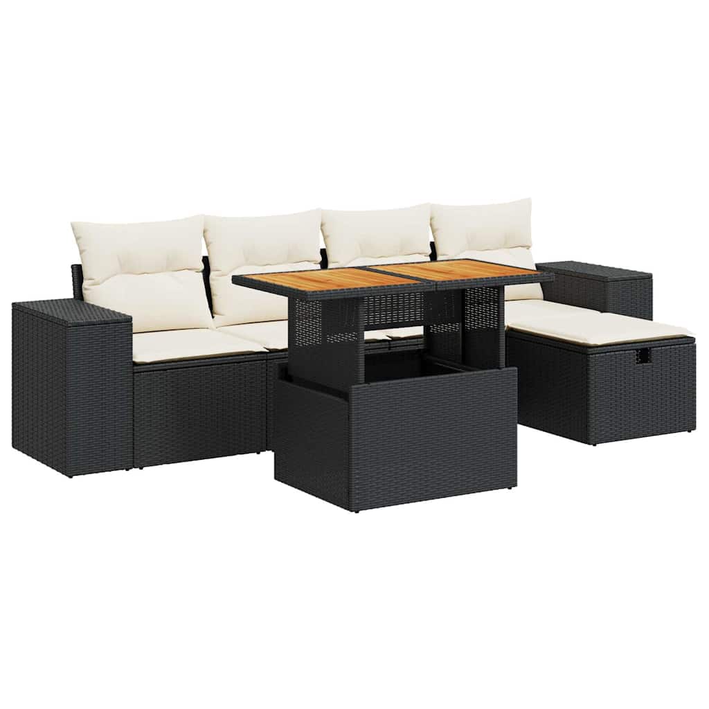 Set Divano da Giardino 6 pz con Cuscini Nero Polyrattan Acacia