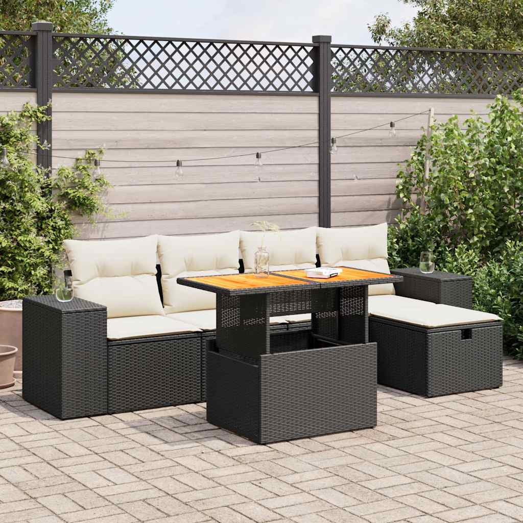Set Divano da Giardino 6 pz con Cuscini Nero Polyrattan Acacia