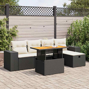Set Divano da Giardino 6 pz con Cuscini Nero Polyrattan Acacia