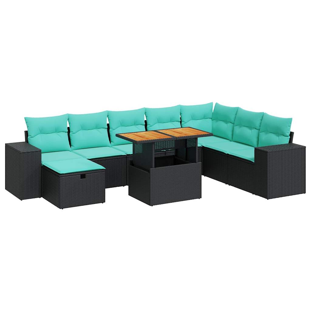 Set Divani da Giardino 9 pz con Cuscini Nero Polyrattan Acacia 3328100