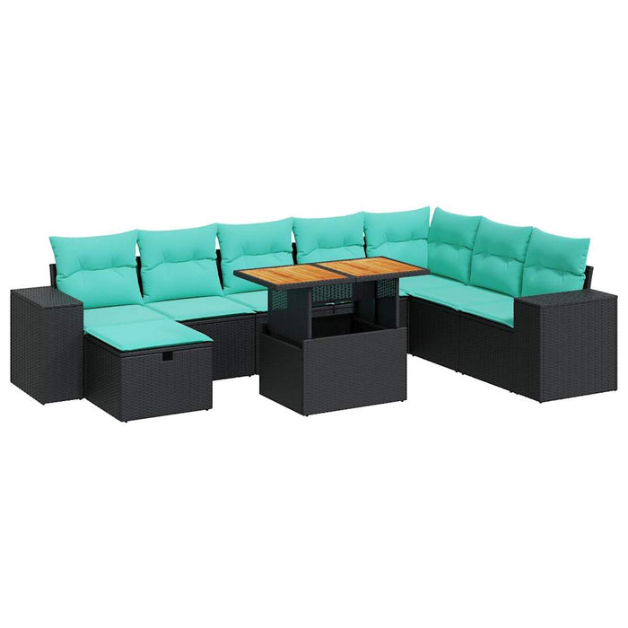 Set Divani da Giardino 9 pz con Cuscini Nero Polyrattan Acacia 3328100