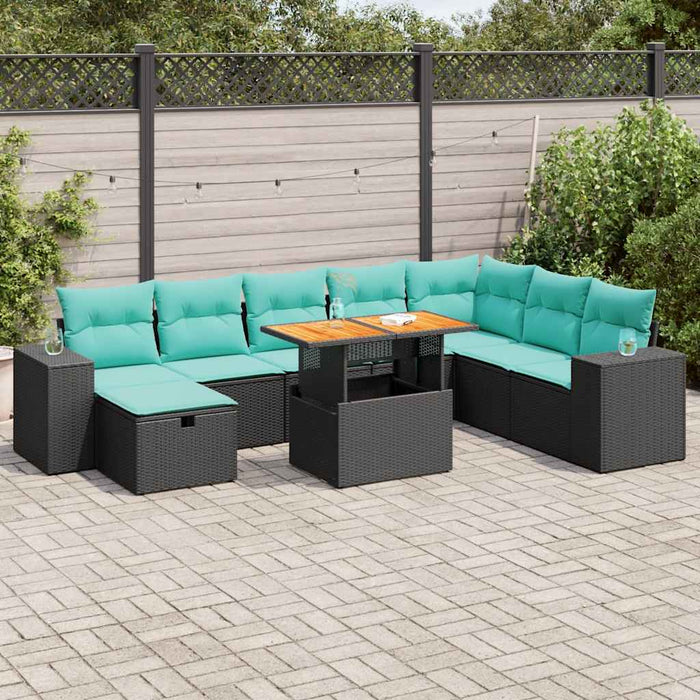 Set Divani da Giardino 9 pz con Cuscini Nero Polyrattan Acacia 3328100