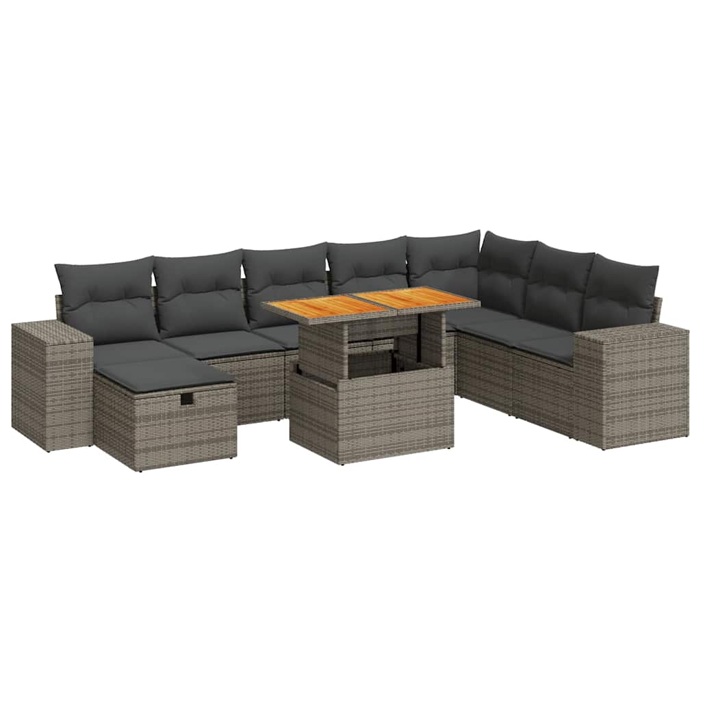 Set Divano da Giardino 9pz con Cuscini Grigio Polyrattan Acacia