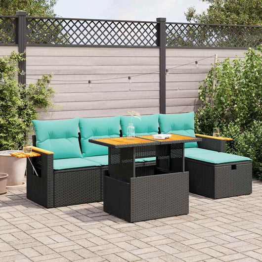 Set Divano da Giardino 6 pz con Cuscini Nero Polyrattan Acacia 3328128