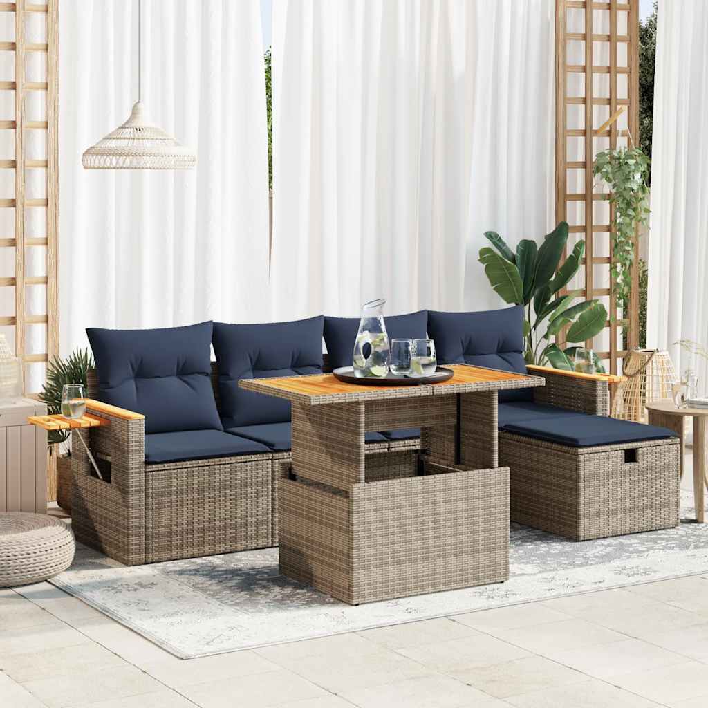 vidaXL Set Divano da Giardino 6pz con Cuscini Grigio Polyrattan Acacia