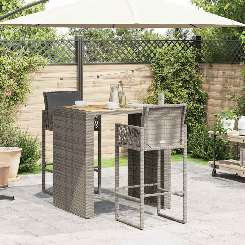 vidaXL Set Bar da Giardino 3 pz con Cuscini Grigio Polyrattan Acacia