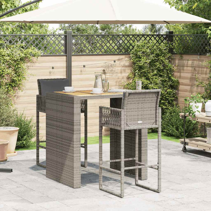 vidaXL Set Bar da Giardino 3 pz con Cuscini Grigio Polyrattan Acacia