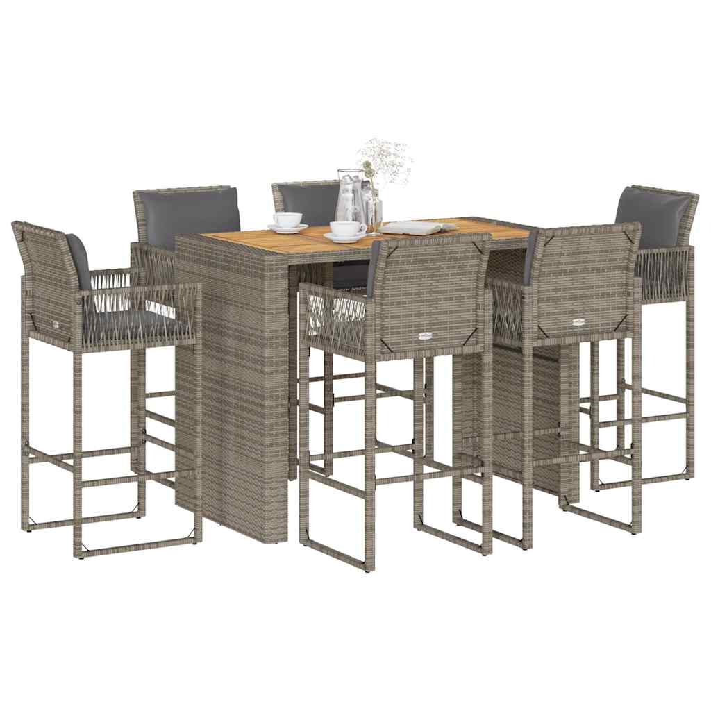 vidaXL Set Bar da Giardino 7 pz con Cuscini Grigio Polyrattan Acacia