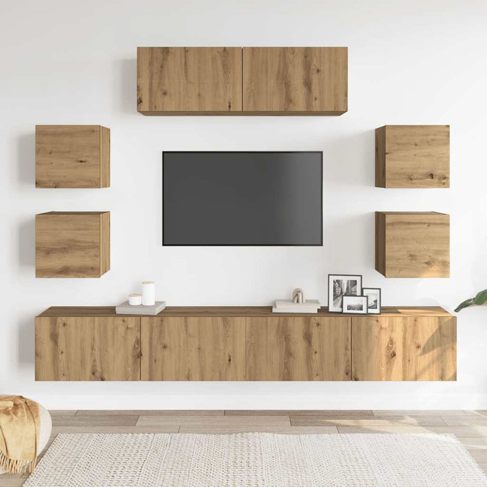 Set Mobile TV 7 pz Montato a Parete Rovere in Legno Multistrato