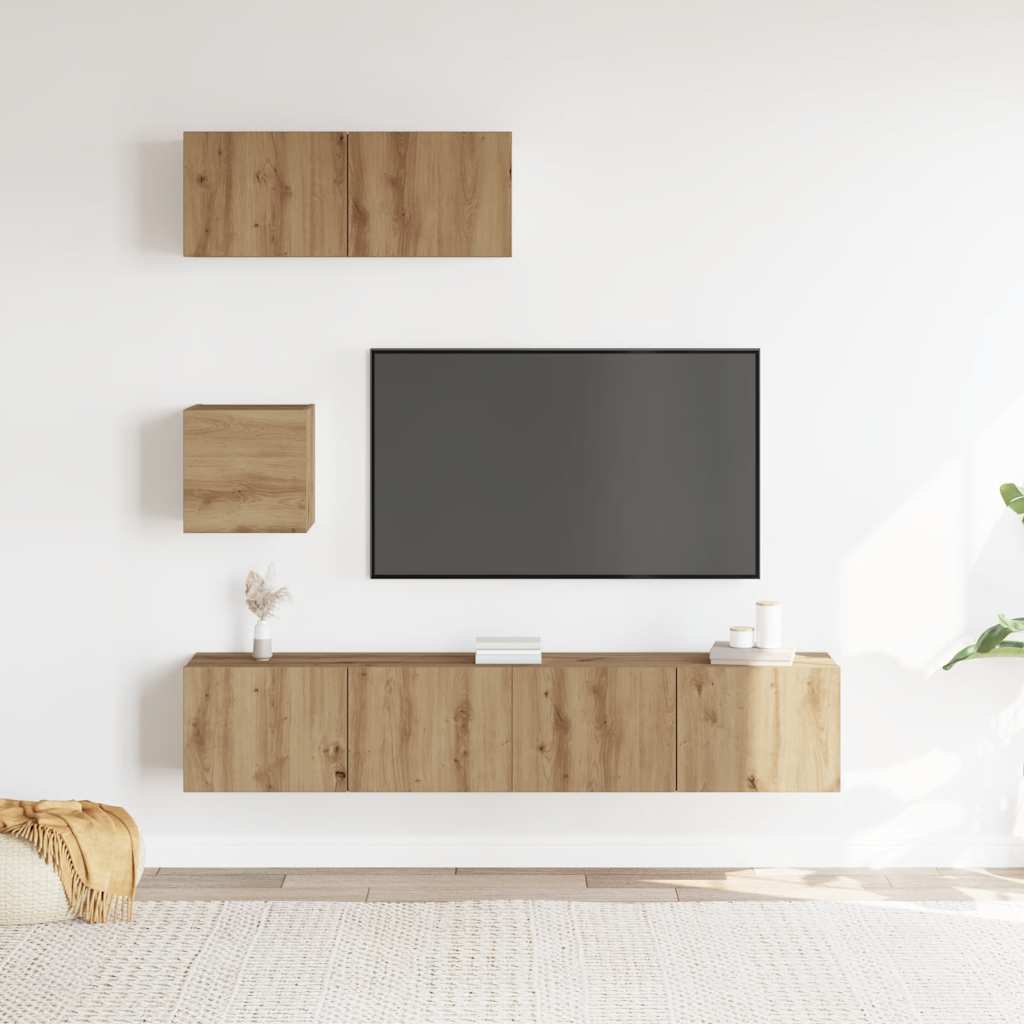 Set Mobile TV 4 pz Montato a Parete Rovere in Legno Multistrato