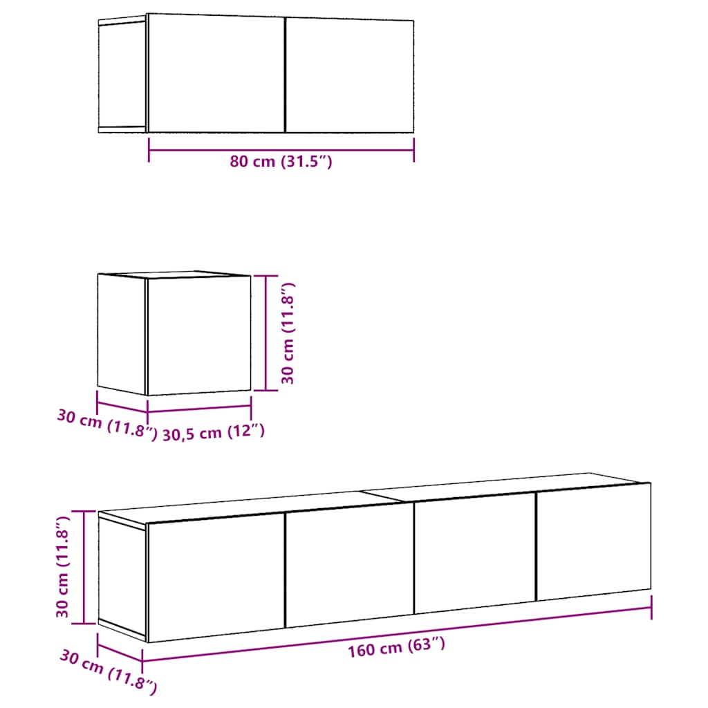 Set Mobile TV 4 pz Montato a Parete Rovere in Legno Multistrato