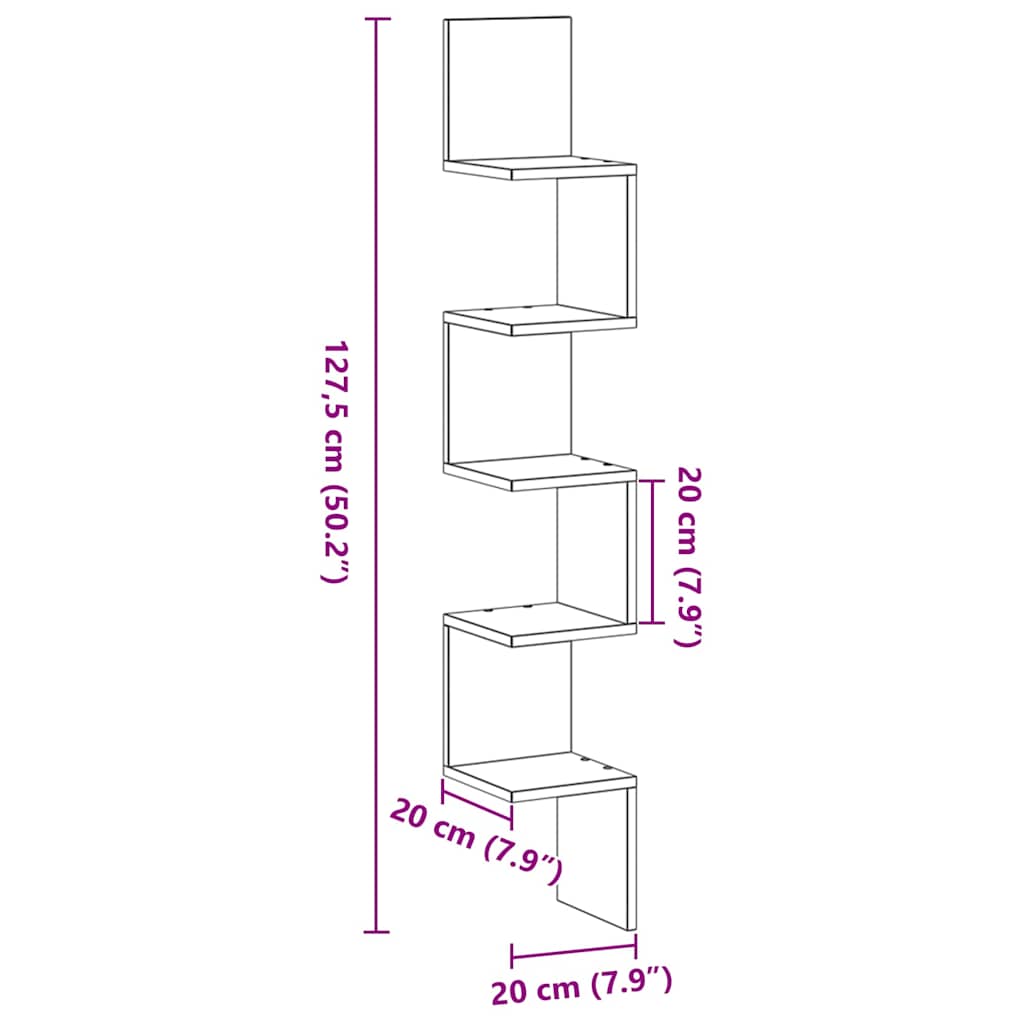 Mensola angolare con lo scaffale Rovere nero 20 x 20 x 127.5 cm 862656