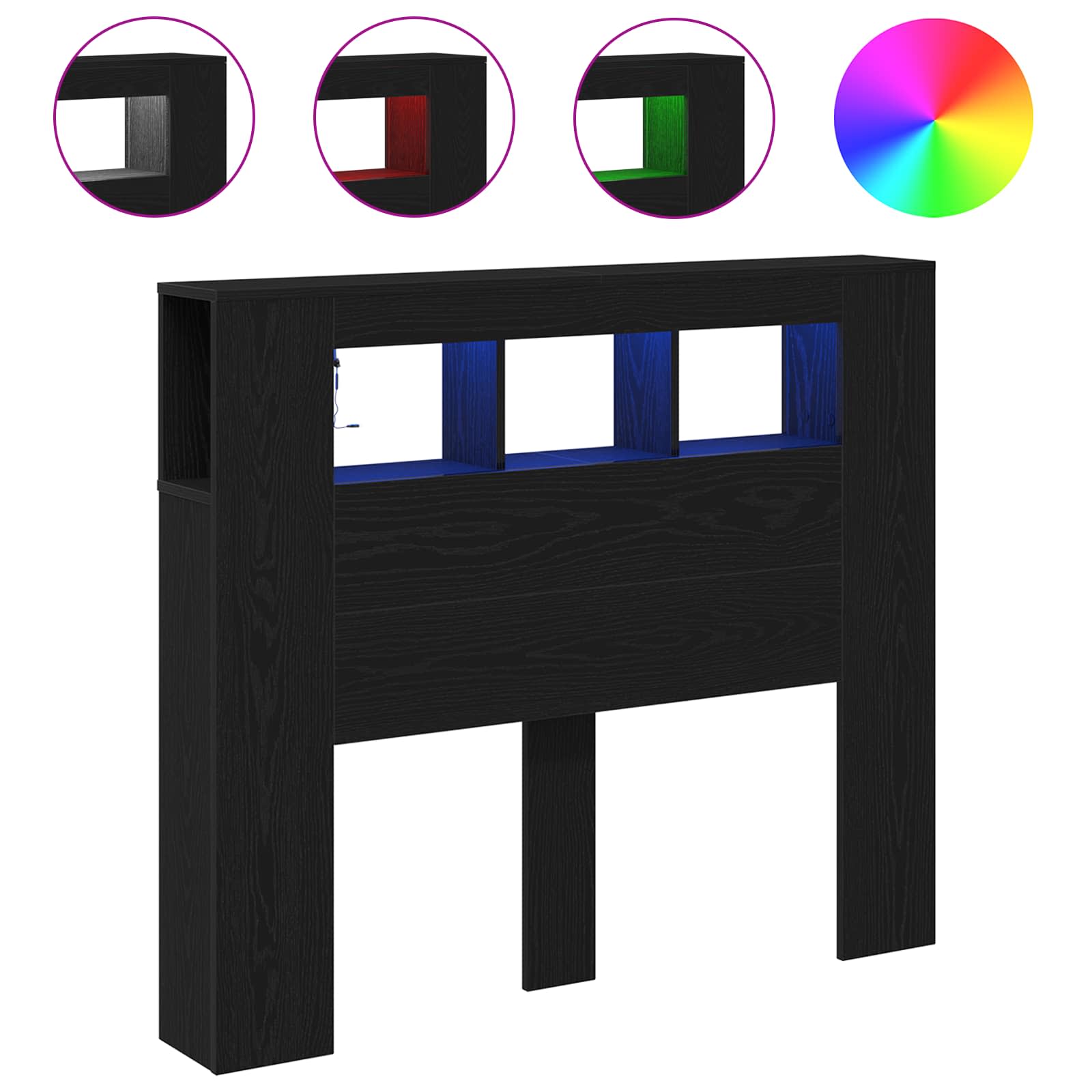 Testiera LED con lo scaffale-Testata con Contenitore e Luci LED Rovere Nero 120 x 18,5 x 103,5 cm