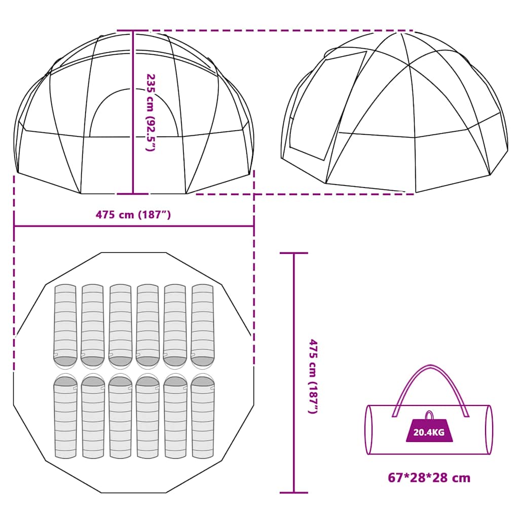 vidaXL Tenda da campeggio con tetto Blu 475 x 475 x 235 cm Poliestere