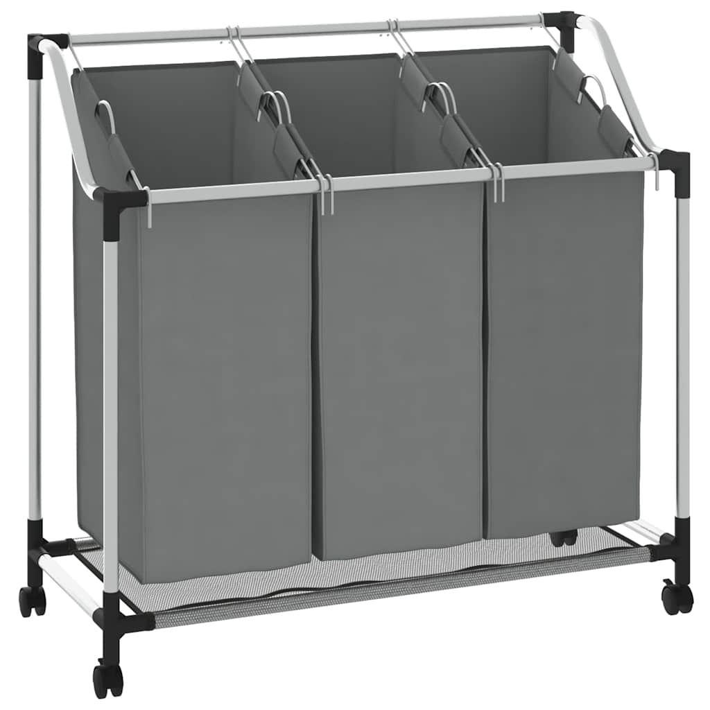 Cesto Portabiancheria con Ruote 3 Scomparti Grigio