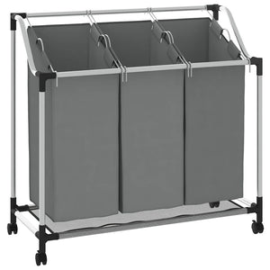 Cesto Portabiancheria con Ruote 3 Scomparti Grigio