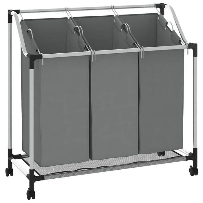Cesto Portabiancheria con Ruote 3 Scomparti Grigio