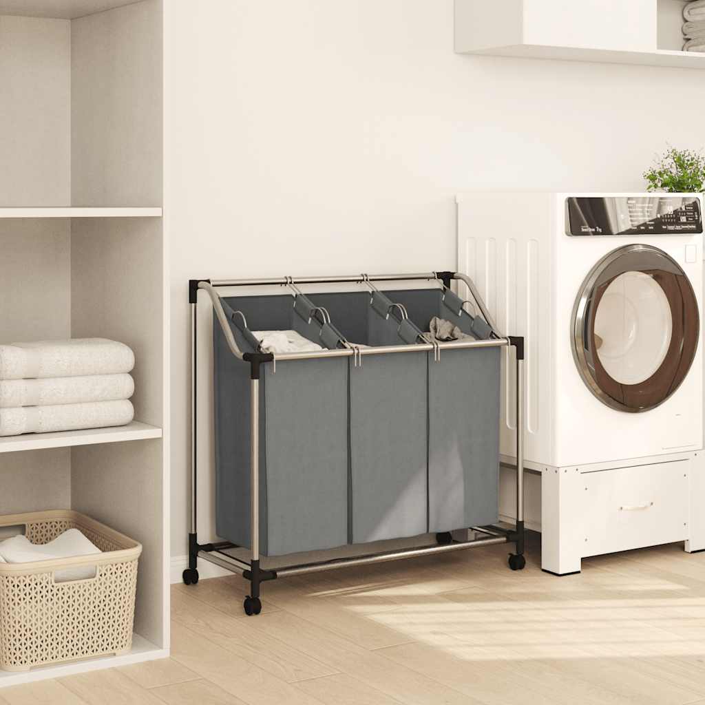 Cesto Portabiancheria con Ruote 3 Scomparti Grigio