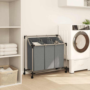 Cesto Portabiancheria con Ruote 3 Scomparti Grigio