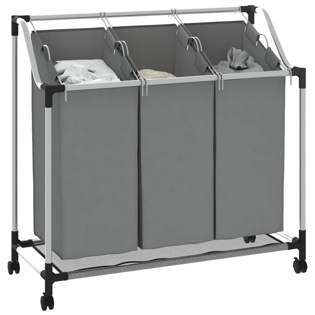 Cesto Portabiancheria con Ruote 3 Scomparti Grigio 42001899