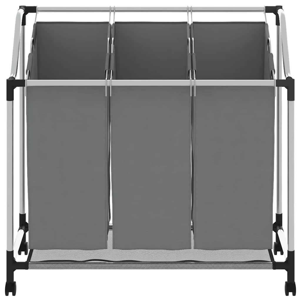 Cesto Portabiancheria con Ruote 3 Scomparti Grigio