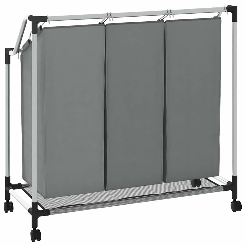 Cesto Portabiancheria con Ruote 3 Scomparti Grigio