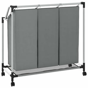 Cesto Portabiancheria con Ruote 3 Scomparti Grigio