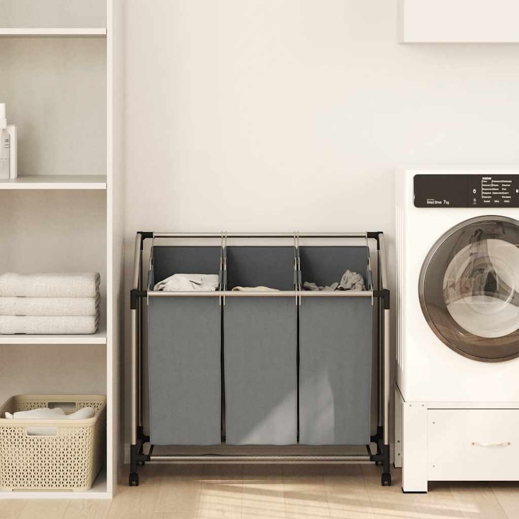 Cesto Portabiancheria con Ruote 3 Scomparti Grigio