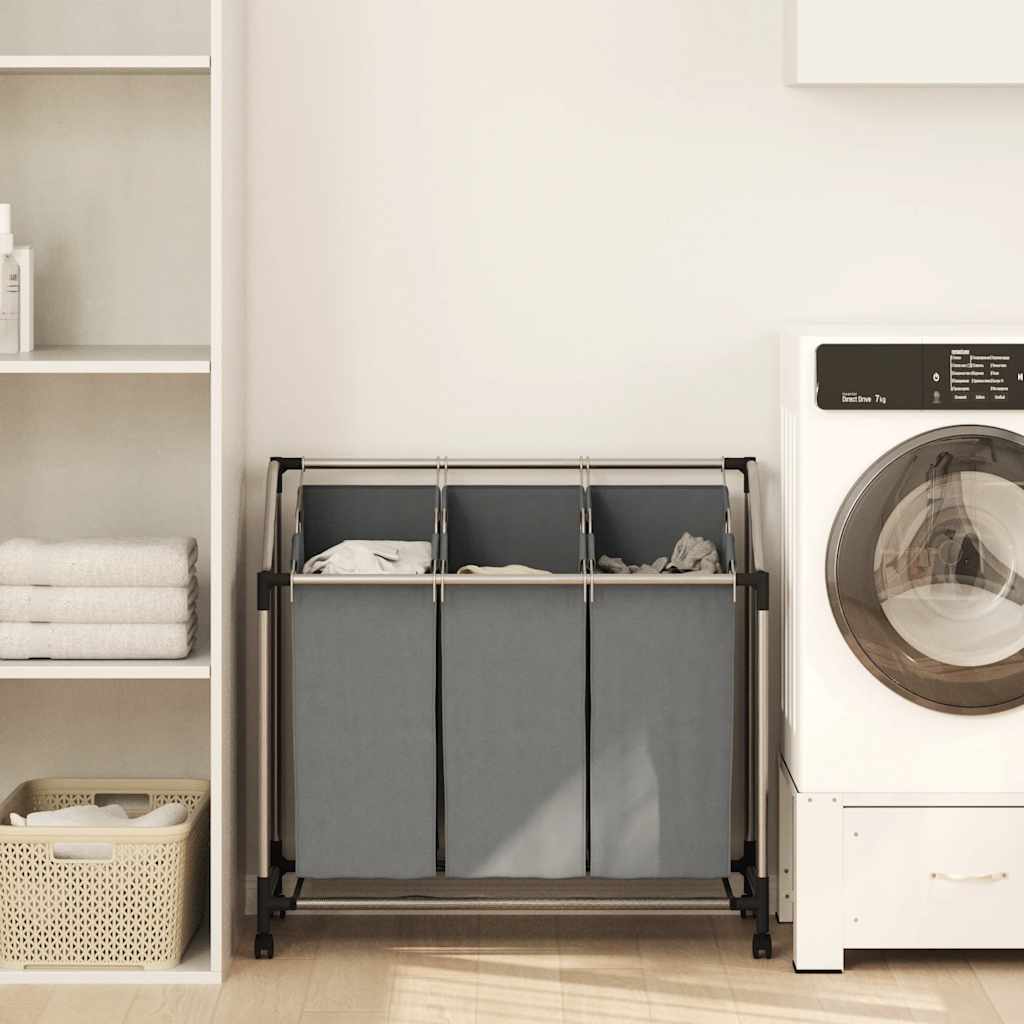 Cesto Portabiancheria con Ruote 3 Scomparti Grigio 42001899