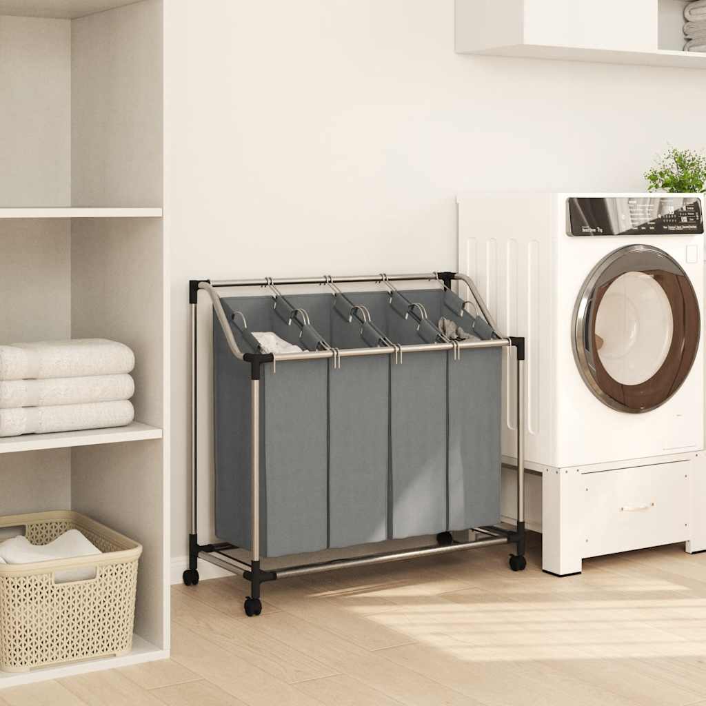 Cesto Portabiancheria con Ruote 4 Scomparti Grigio