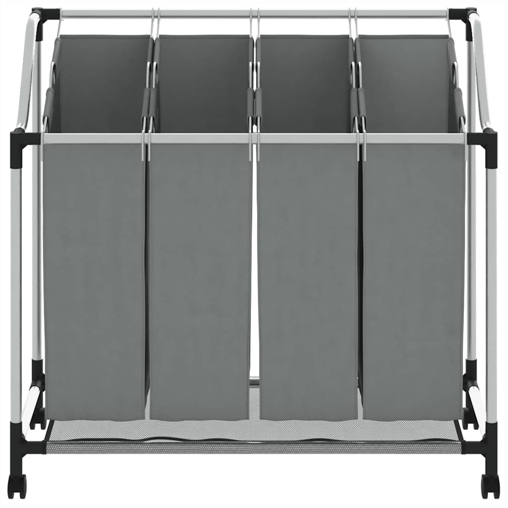 Cesto Portabiancheria con Ruote 4 Scomparti Grigio