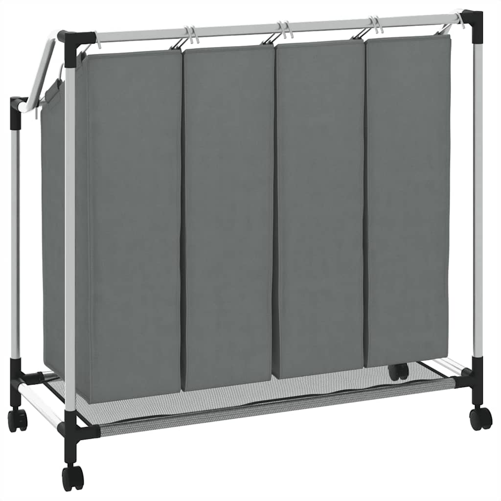 Cesto Portabiancheria con Ruote 4 Scomparti Grigio